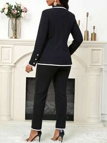 SHEIN Lady Women's Casual/Work Contrast Trim Notched Collar Double Breasted Blazer Jacket, Autumn - Black and White - View 2