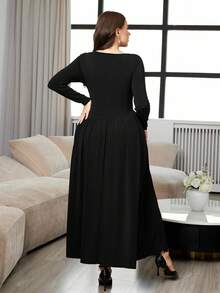Modelyn Plus Size Solid Color Minimalist Elegant Casual Round Neck Long Sleeve Dress Office Cocktail Formal Cocktail Formal Black Autumn Fall - Black - View 2