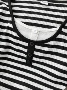 Tween Girls Black And White Striped Ribbed Knit Long Sleeve T-Shirt,2 In 1 Button Waist Ruched Crew Neck Crop Top,Casual Summer School Back-To-School - Black and White - View 3