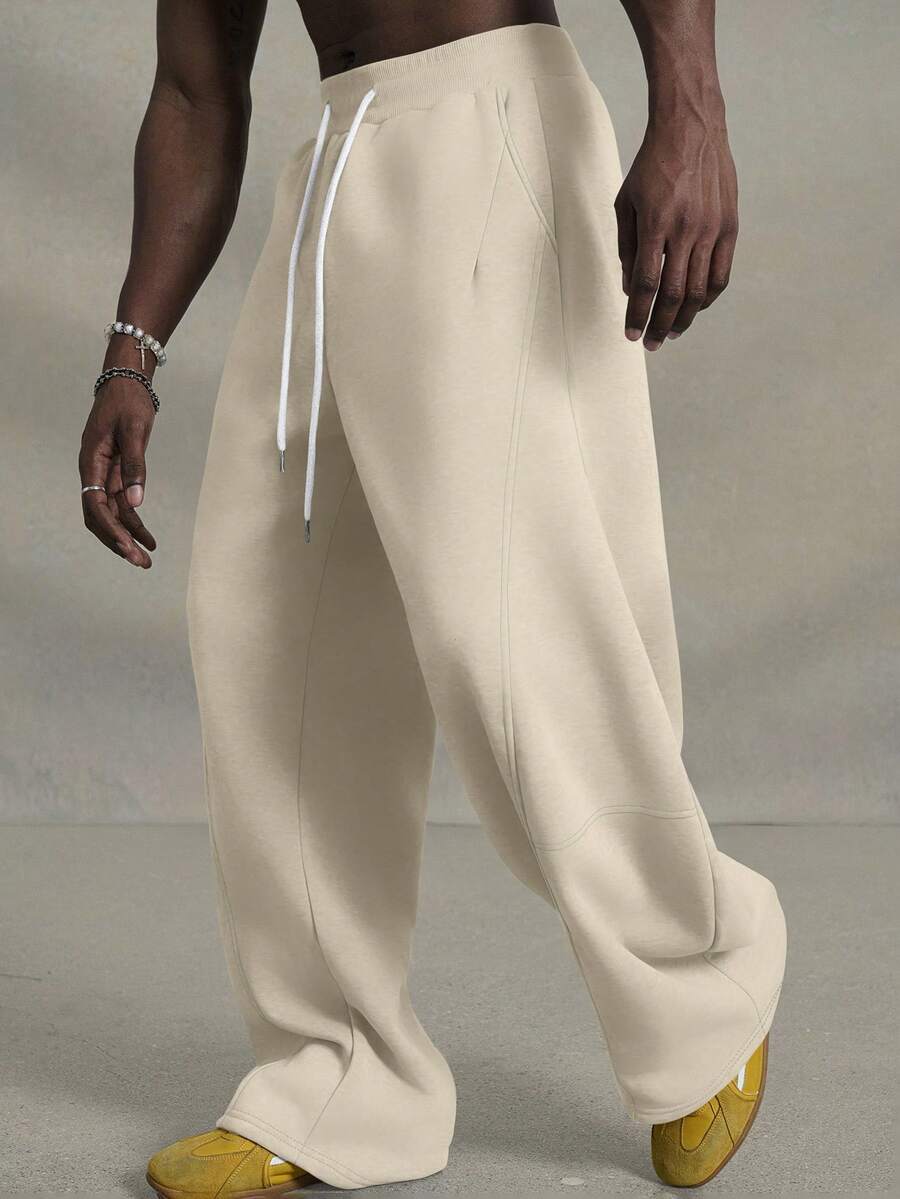 PAVTROS Men's Solid Color Drawstring Waist Pocket Casual Wide Leg Sweatpants - Khaki - View 1