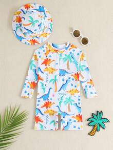 SHEIN Toddler Boys' Swimsuit, Cute Cartoon Dinosaur Print Long Sleeve One-Piece Swimwear With Sun Hat, Suitable For Summer Vacation, Beach, Surfing, Water Park - Multicolor - View 1
