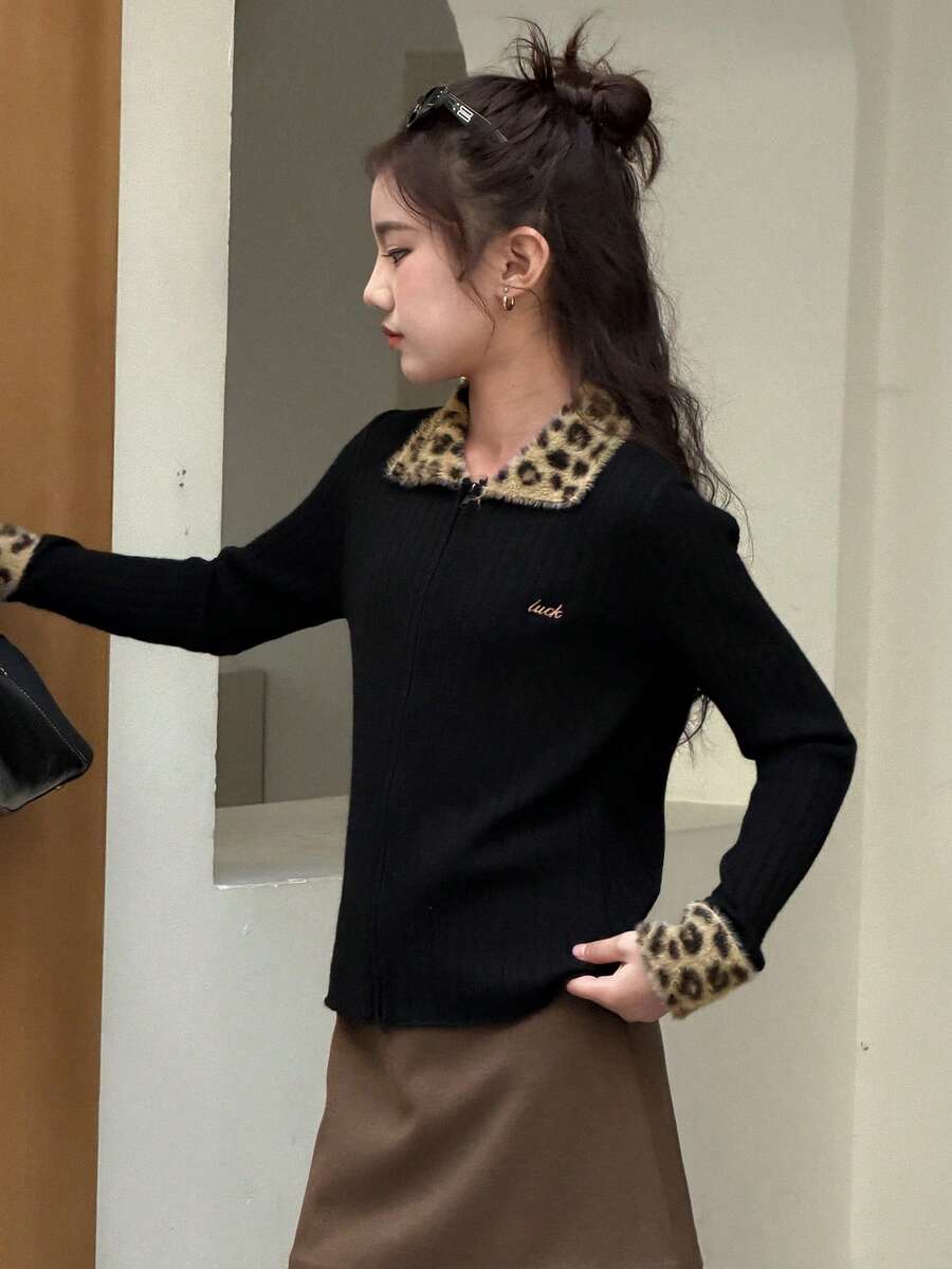 DAZY Tween Girls Contrast Color Letter Embroidered Cardigan Spring - Black - View 1