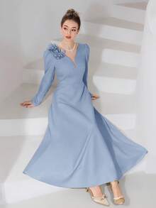Modelyn Women's Elegant 3D Floral Decor V-Neck Dress, Autumn ,Spring Dresses For Women,Elegant Dress - Blue - View 3