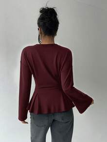 Aloruh Women's Casual Round Neck T-Shirt With Ruched Waist, Solid Color T-Shirt For Daily Commute And Home Wear, Long Sleeve Knit T-Shirt With Floral Mesh Burgundy Blouse - Burgundy - View 2
