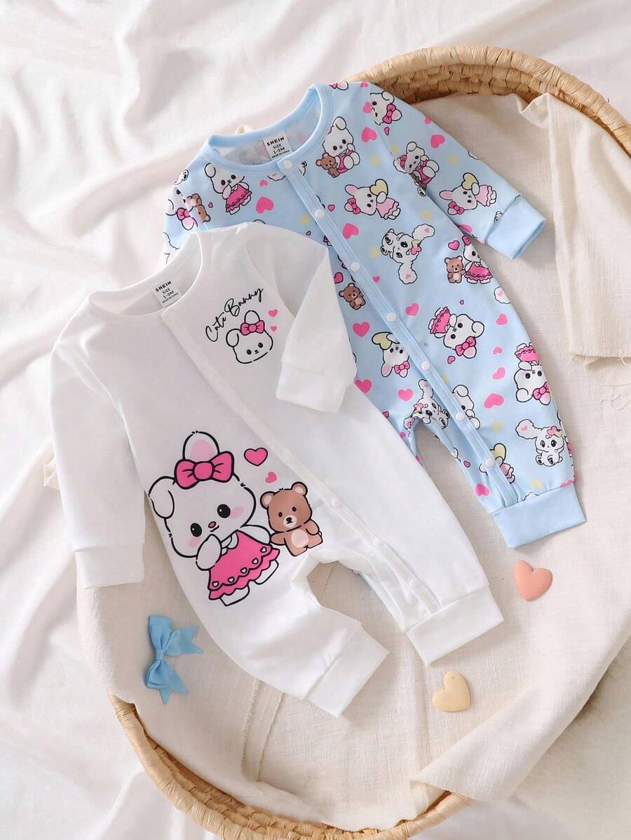 2 件套新生女婴可爱兔子卡通印花服装，长袖连体衣 - 淺藍色 - 查看 1