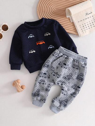 男婴海军蓝色菱形花纹羊毛面料汽车刺绣图案长裤和长袖运动衫套装