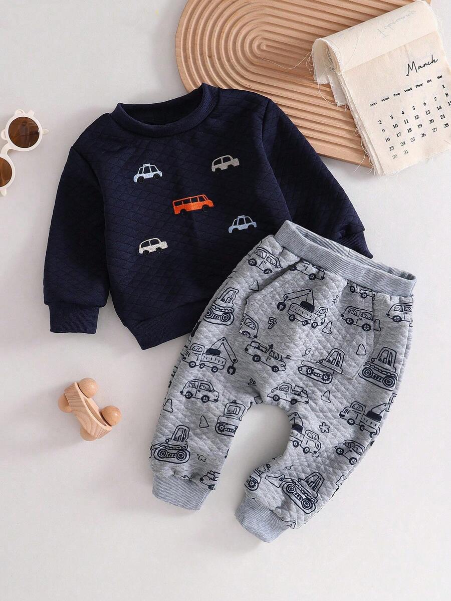 男婴海军蓝色菱形花纹羊毛面料汽车刺绣图案长裤和长袖运动衫套装 - 寶藍色 - 查看 1