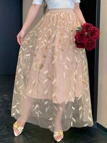 DAZY 女士优雅浪漫度假风亮片刺绣网纱拼接A字裙 - 杏色 - 查看 4