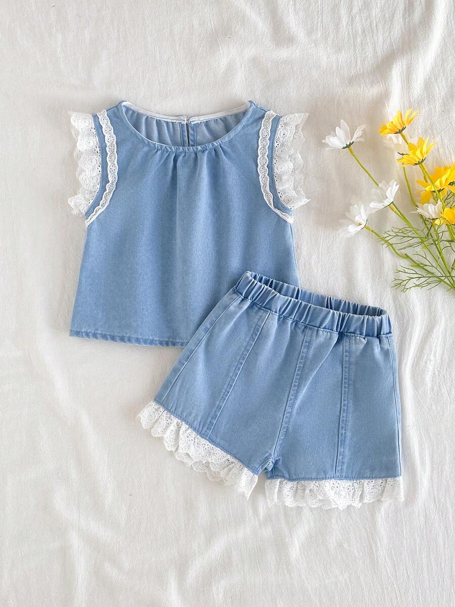 Baby Girl Cute Summer Blue And White Denim Vest&Shorts Set,Lace Flutter Sleeve Ruffle Trim Hollow Out Embroidery Casual Vacation Outfit For Beach - Medium Wash - View 1