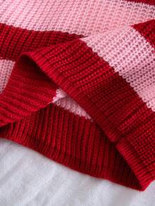 SHEIN Playful Pals 女婴休闲条纹撞色针织衫，长袖，秋冬款 - 紅色 - 查看 4