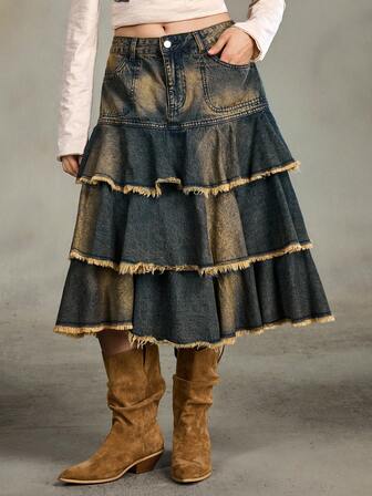 Grunge Punk Gonna di jeans mini con volant e frange, con tasche, stile vintage estivo per donna