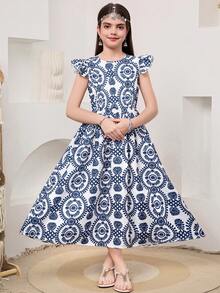 SHEIN Tween Girl Woven Blue & White Print Round Neck Ruffle Sleeve Cinched Waist Mid-Length Dress, Suitable For Travel, Vacation, Countryside Style, Casual, Boho, Matching Sister & Daughter, Blue Dress - Blue and White - View 10