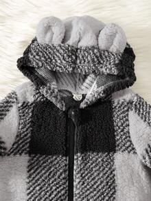 SHEIN 男婴毛绒连帽连体衣套装，小熊造型，保暖内衬格子连体衣，舒适休闲可爱小熊设计基础款服装，适合室内、室外、日常穿着、运动、派对、拍照、节日、万圣节、圣诞节、新年等场合，圣诞礼物 - 黑色 - 查看 5