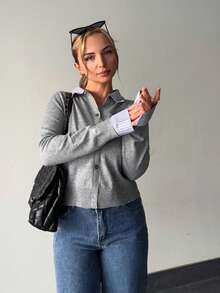Jeta Ari Women's Contrast Stripe Patchwork 2 In 1 Casual Cardigan - Grey - View 6
