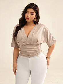 Auralis 大码女式夏季休闲/办公通勤纯色深V领蝙蝠袖褶皱修身T恤 - 杏色 - 查看 8