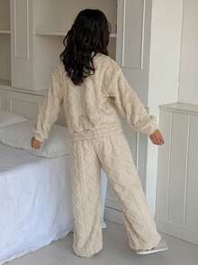 DAZY Tween Girl Plush Textured Thick Loose Fit Loungewear Set, Winter - Apricot - View 3