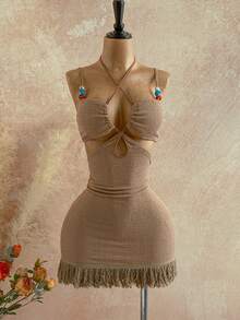 Soleia 女士度假浪漫迷你连衣裙，春夏款，针织纹理面料，彩色串珠装饰，可调节挂脖和肩带，适合海滩、海边、约会、派对、假日邮轮、城市度假、波西米亚风度假、音乐节、嬉皮风、西部风等场合。 - 卡其色 - 查看 6