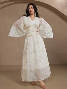DAZY Women's Elegant Party Sequin Embroidered Flare Sleeve Dress - Apricot - View 1