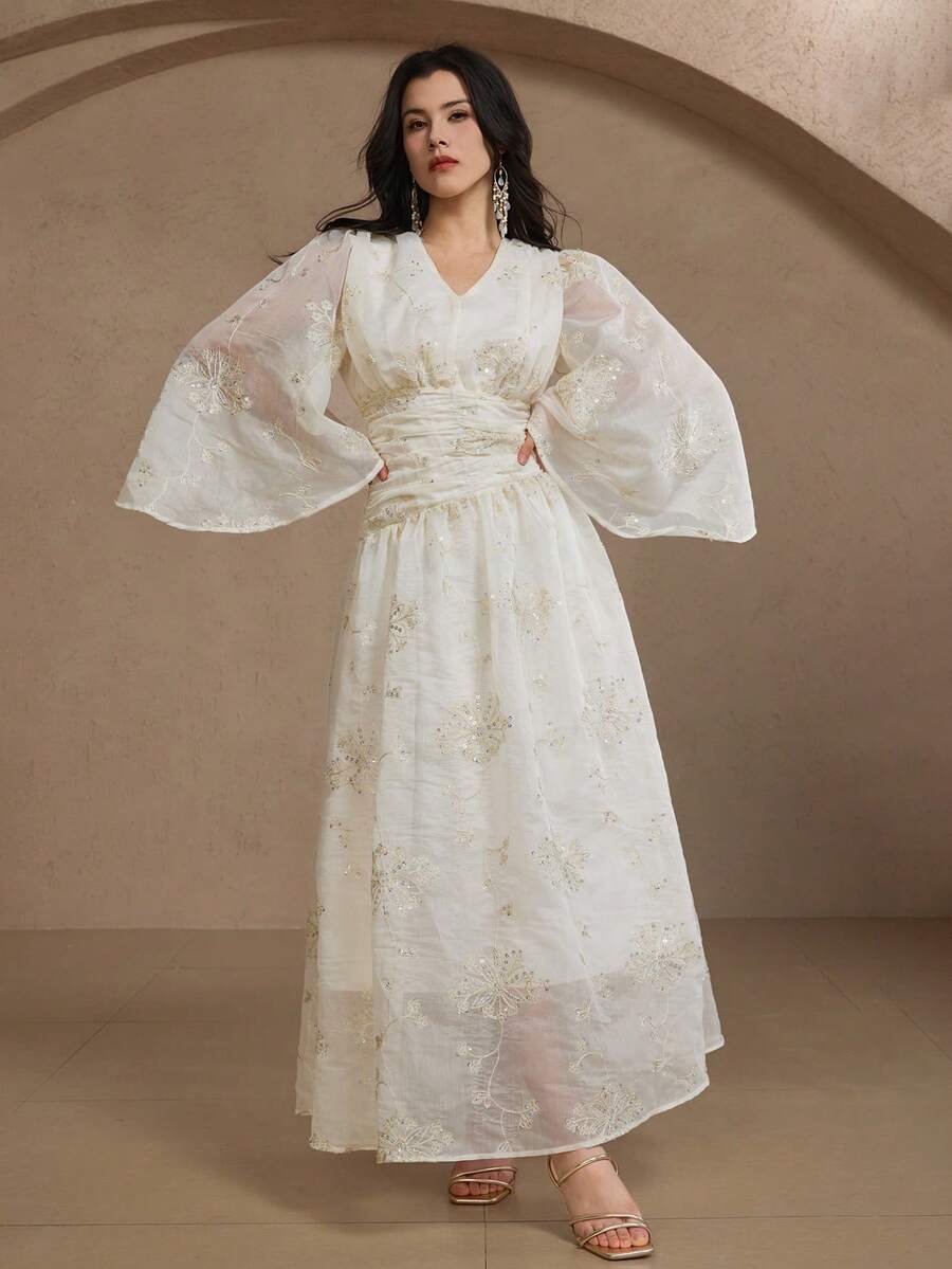 DAZY Women's Elegant Party Sequin Embroidered Flare Sleeve Dress - Apricot - View 1