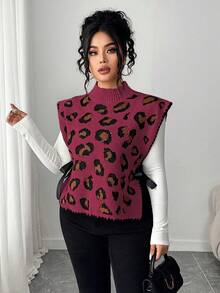 Elenzga Women's Elegant Leopard Print Tie-Up Sleeveless Loose Knit Sweater Vest,Plus Size,Summer Everyday Brown Polka Autumn/Winter Outerwear Leopard Top - Red Violet - View 7