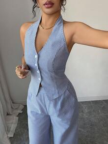 Elenzga Bộ đồ nữ không tay kẻ sọc xanh trắng, cổ chữ V, hở vai, thiết kế eo thấp, sang trọng, cao cấp, thích hợp làm quà sinh nhật, hẹn hò, dự tiệc, ngày Valentine, trang phục mùa xuân, phong cách đường phố thường ngày. - Xanh và trắng - Xem 7