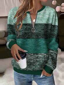 EMERY ROSE Plus Size Textured Striped Print Half-Zip Round Neck Sweatshirt For Women