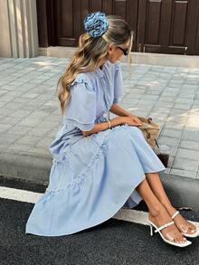 SHEIN PariChic 法式复古优雅：蓝白竖条纹立领系带连衣裙，配以荷叶边双层袖子、收腰腰带、多层荷叶边A字裙摆，长款仙气连衣裙 - 藍色 - 查看 6