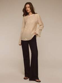 ATUI Studio Women's Floral Embroidery Round Neck Flare Sleeve Loose Fashion Top Charming Retro Embroidered Round Neck Transparent Long Sleeved Loose Women's Shirt Top, Apricot French Fashion Hollow Sexy Round Neck Long Sleeved Women's Shirt Exposed Skin Retro Fashion Simple Style Elegant Girl - Apricot - View 3