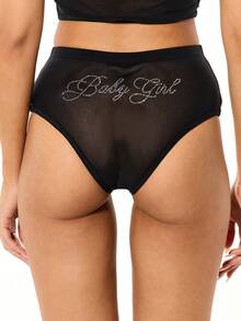 SUMWON WOMEN Conjunto de sujetador de malla y panty de cintura alta con detalle de texto "Baby Girl" con strass, lencería íntima - Negro - Ver 6