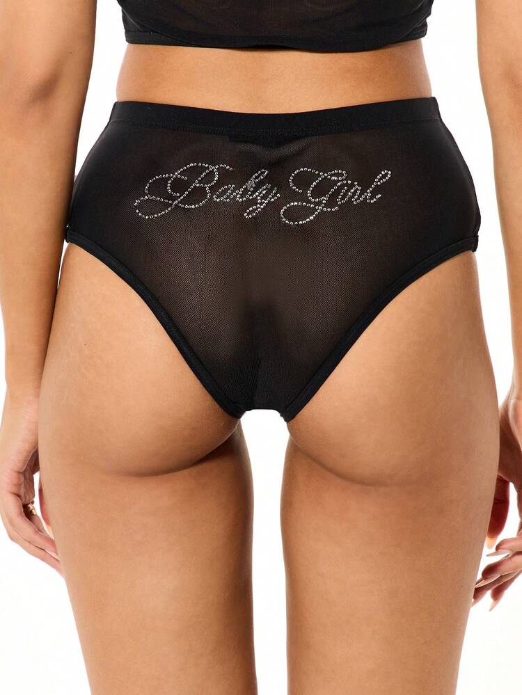 SUMWON WOMEN Mesh Bralette And Panty Set With Rhinestone Script