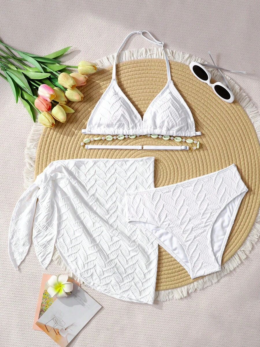 SHEIN Tween Girl 3 PiecesSwimsuit Set: White Textured Knit Camisole, Swim Shorts, And Wrap Skirt - White - View 1