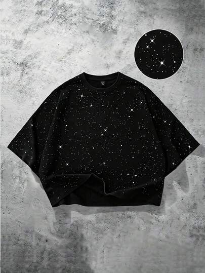 Camiseta de manga 3/4 con aplicaciones de lentejuelas de corte holgado para hombre