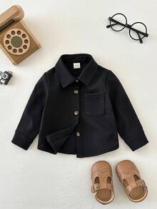 SHEIN 3件套男婴休闲百搭翻领前襟纽扣胸袋长袖上衣 - 黑色 - 查看 4