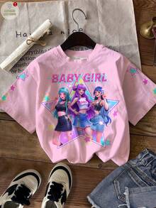 SHEIN Áo thun ngắn tay cổ tròn in hình nhóm nhạc nữ K-POP trẻ trung, thời trang, nhiều màu sắc, in chữ và ngôi sao, kiểu dáng hoạt hình K-POP, phù hợp cho lễ hội, tiệc tùng, mặc hàng ngày và các buổi hòa nhạc. - Nhiều màu - Xem 2