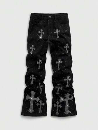 Street Life Jeans di moda da uomo con applicazioni di strass a forma di croce