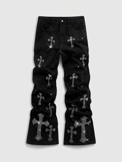 Street Life Jeans di moda da uomo con applicazioni di strass a forma di croce