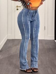 BamGleam Quần jeans ống loe ôm sát, viền tua rua thời trang - Rửa nhẹ - Xem 5