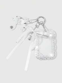 ROMWE Kawaii 1 chiếc móc khóa/giá đỡ thẻ sinh viên/thẻ ID thủ công theo phong cách Gothic tối giản Y2K, đính hạt cườm bạc, nơ ruy băng hình trái tim, dây bện bằng acrylic đen, thích hợp cho nhân viên văn phòng, sinh viên, sử dụng hàng ngày, làm quà tặng ngày lễ, Halloween. - Màu trắng - 93 - Xem 1