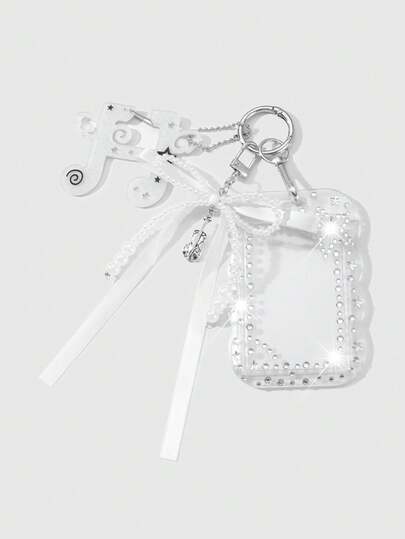 ROMWE Kawaii 1pc Y2K Minimalist High-End Gothic Style Handmade Beaded Silver CCB Ribbon Bow Heart Woven Rope Black Acrylic Campus Card/ID Badge Holder DIY Keychain Bag Charm, Suitable For Office Workers, Students, Daily Wear, Holiday Gift, Halloween