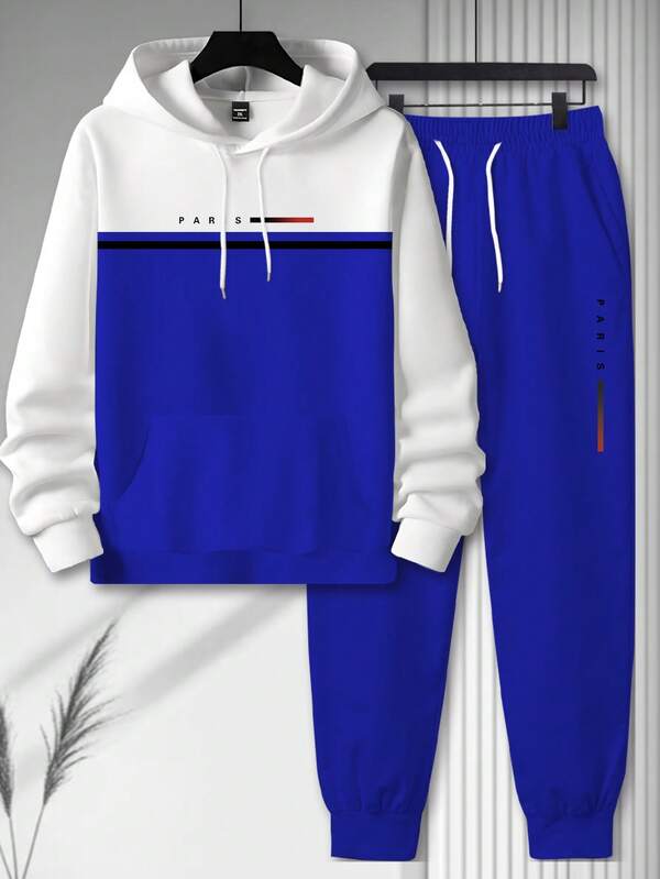 Manfinity Homme Plus Size Men's Casual Hoodie Set, Patchwork Contrast Color Drawstring Hoodie And Pants 2 Pieces Outfit