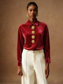 Vesra Camisa de mujer elegante de terciopelo con botones dorados - Rojo - Ver 5