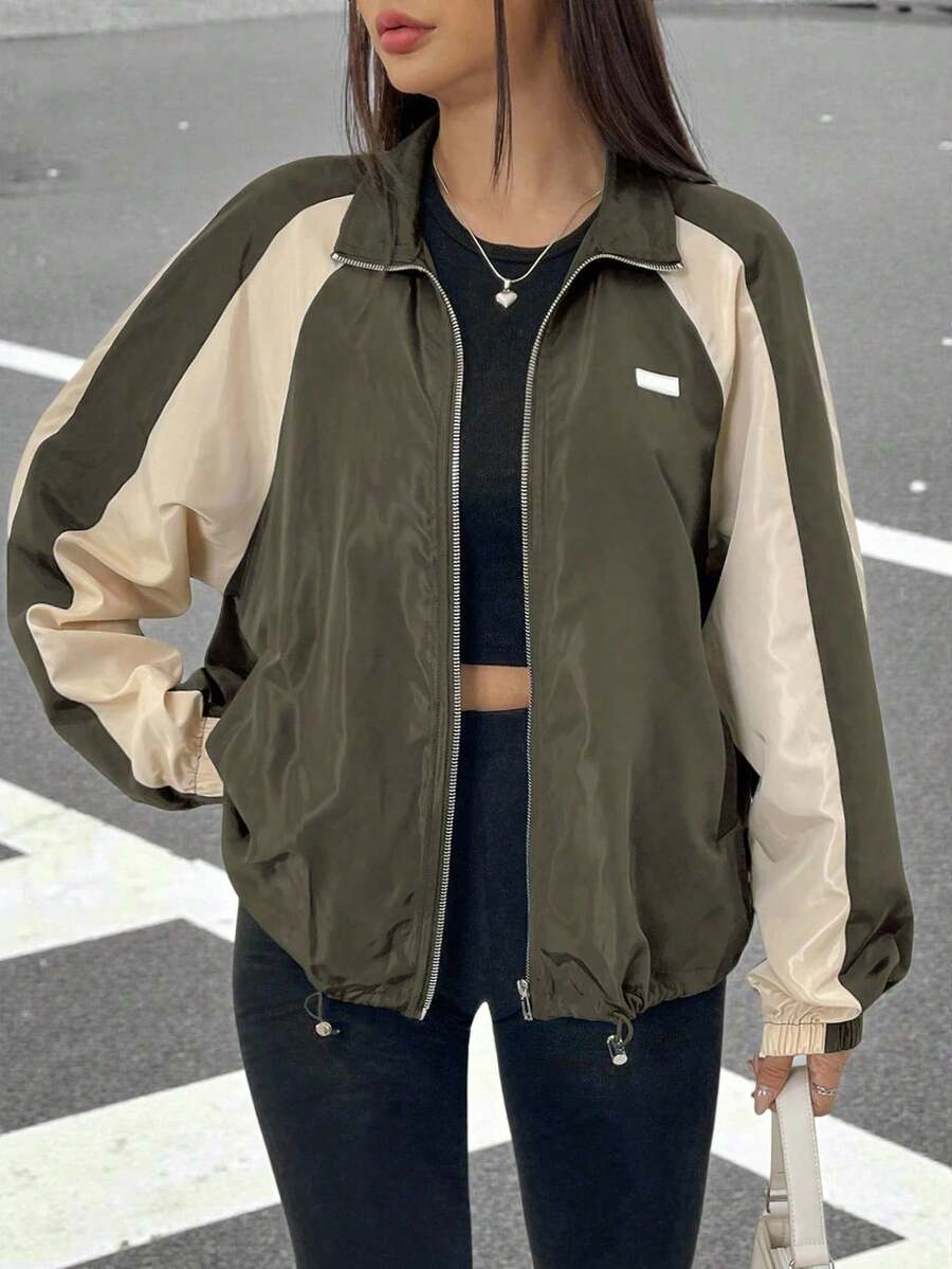 SHEIN EZwear 秋冬季撞色拼接插肩袖抽绳下摆拉链外套 - 軍綠色 - 查看 1