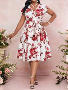 Fleurora Plus Size Women Floral Print Batwing Sleeve Elegant Fashion Dress - Multicolor - View 6