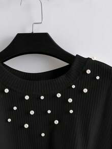 GlowEve 女士秋冬针织高弹圆领串珠装饰不对称下摆优雅修身长袖T恤 - 黑色 - 查看 6