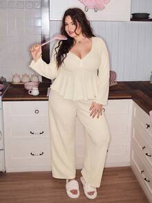 SHEIN Comfortable Plus Size Knitted Lounge Set Beige Deep V Neck Ruched Long Sleeve - Beige - View 3