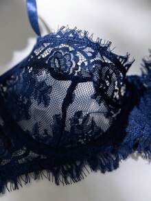 4pcs Women's Solid Color Minimalist Everyday Lace Lingerie Set - Blue and White - View 6