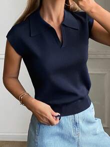 DAZY 女士纯色修身 Polo 领优雅正式针织上衣，春秋季 - 藏蓝色 - 查看 4