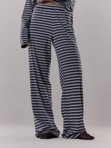 MUSERA Quần ống rộng kẻ sọc thắt eo, dễ thương, cá tính, thoải mái, thường ngày, sạch sẽ, phong cách đồng quê, quý tộc cổ điển, màu caramel, mùa xuân, phong cách Y2K, mùa hè. - Màu xanh hải quân - Xem 2