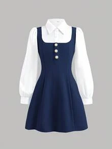 SHEIN Firerie Kids Nova Glow Tween Girls Elegant Block Turndown Collar Lantern Sleeve 2 In 1 Dress, Fall & Autumn,Back To School,Fall Dresses, Outfits, Long Sleeve Dresses Girls Navy Blue Collared Dress Girls Navy Blue School Dress School Dress Girl Teen Girl Uniform - Navy Blue - View 3