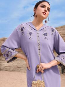 Al Najma 端庄刺绣浅蓝色女士阿拉伯传统长裙，土耳其长款连衣裙 - 紫色 - 查看 4